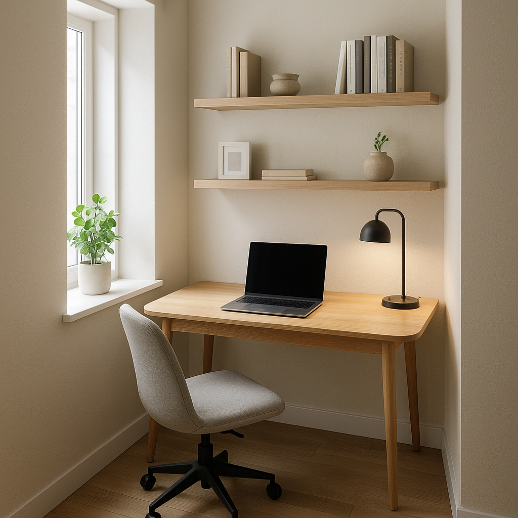 Rincón de trabajo moderno en apartamento pequeño aprovechando esquina junto a ventana