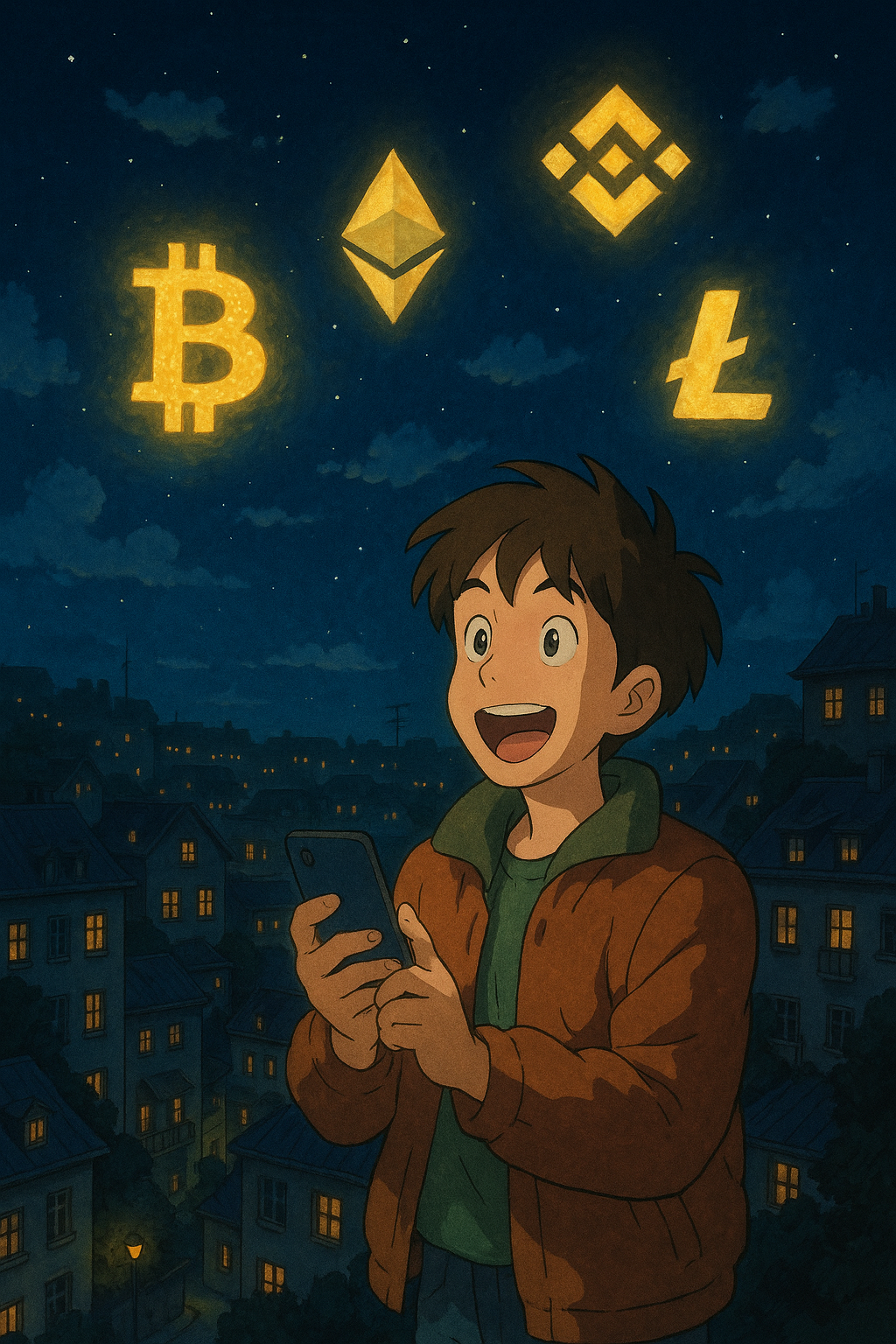 Ghibli-style nighttime cityscape with glowing crypto symbols