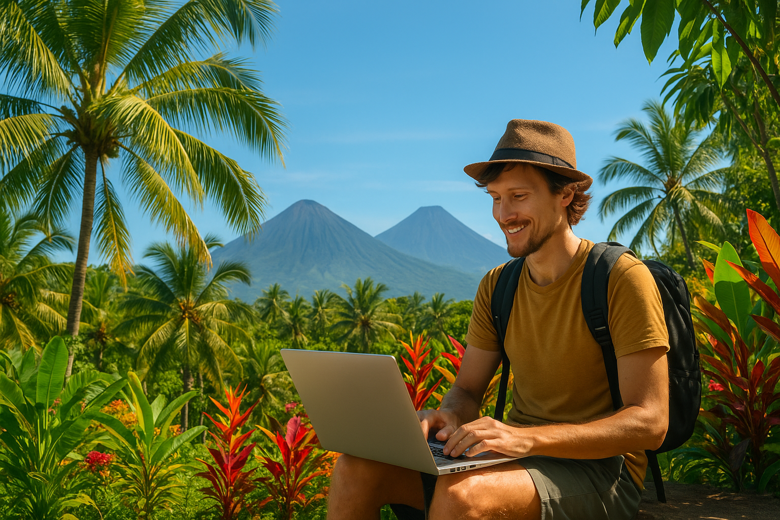 A digital nomad working remotely from a stunning Marquesas Islands vista