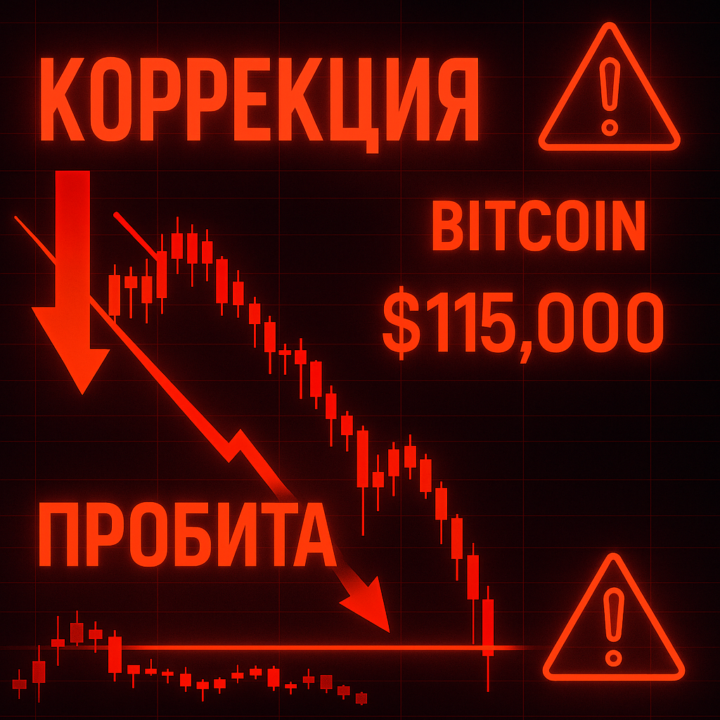 Bitcoin пробил поддержку $115 000: началась мощная коррекция рынка криптовалют Динамичная современная криптовалютная панель коррекции рынка с русским текстом и падающими графиками