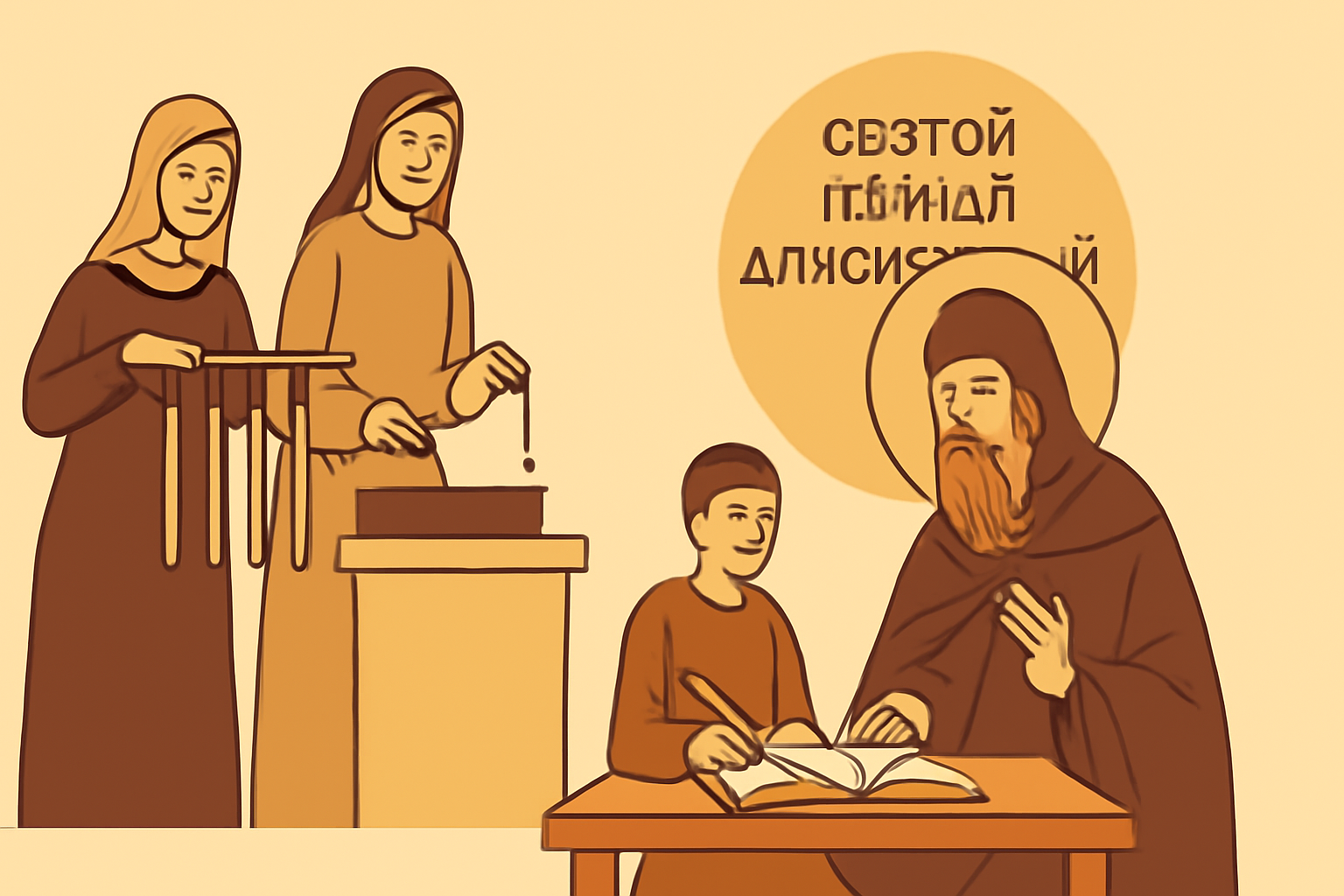 Плоская векторная иллюстрация: Святой Герман Аляскинский, православные верующие делают свечи, просветители учат местных жителей за столом