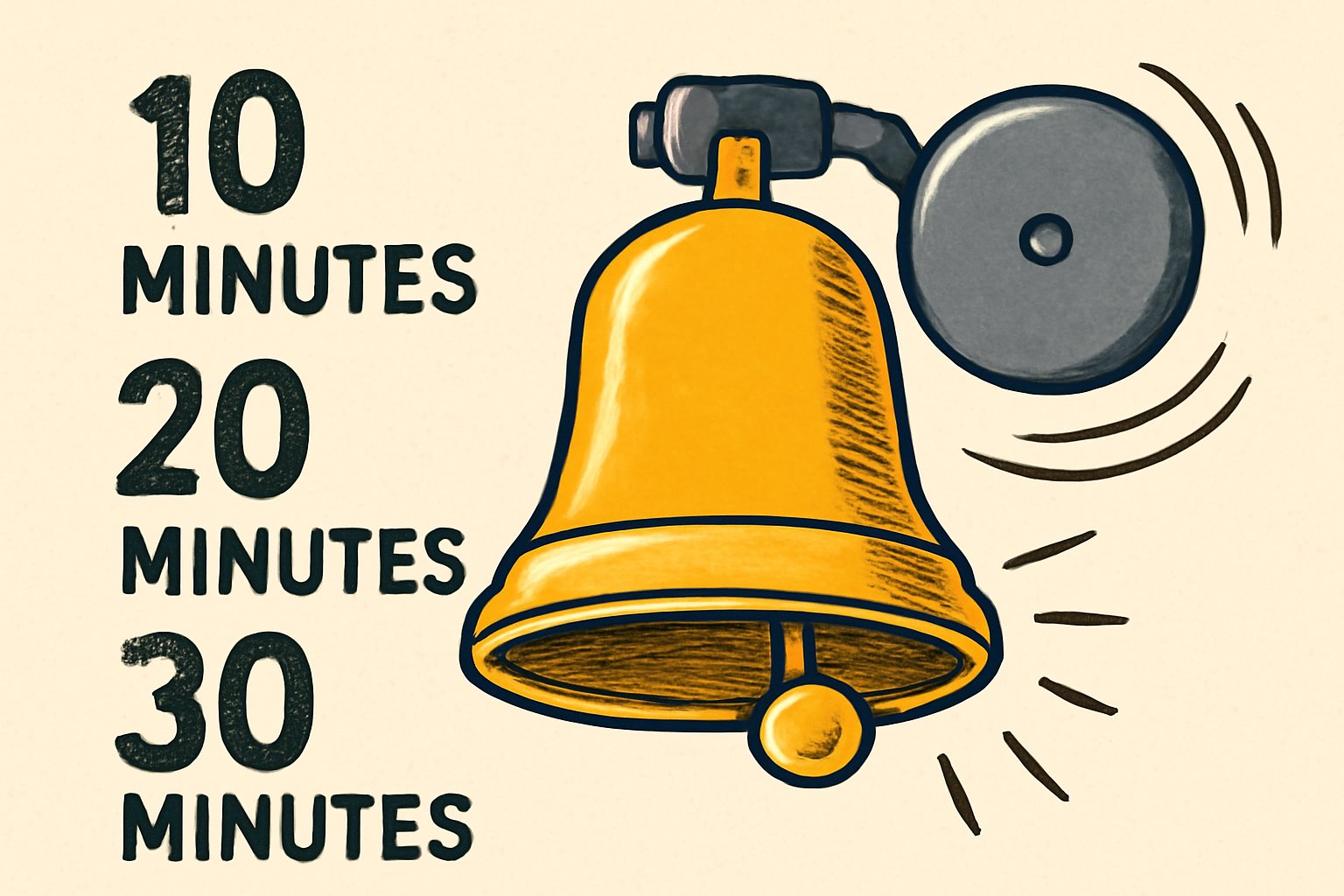 Illustration of a school bell ringing every 10 minutes, showing multiples of 10 in time intervals