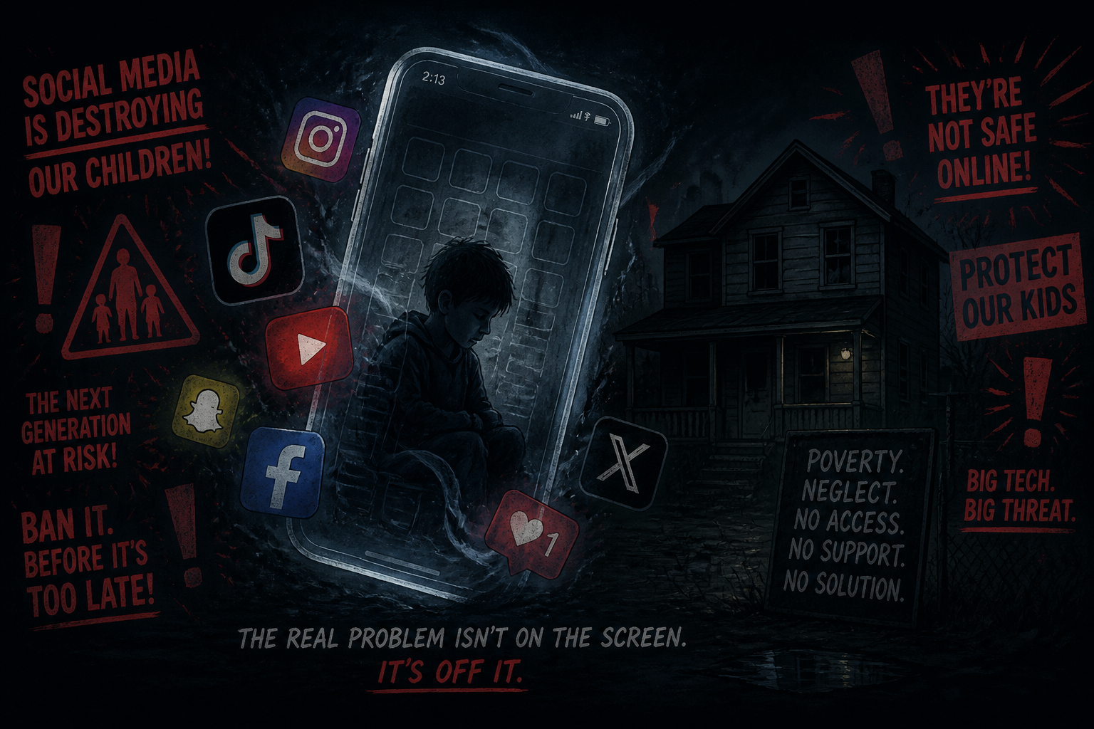 Editorial illustration — social media panic obscuring the real causes of child harm in Canada