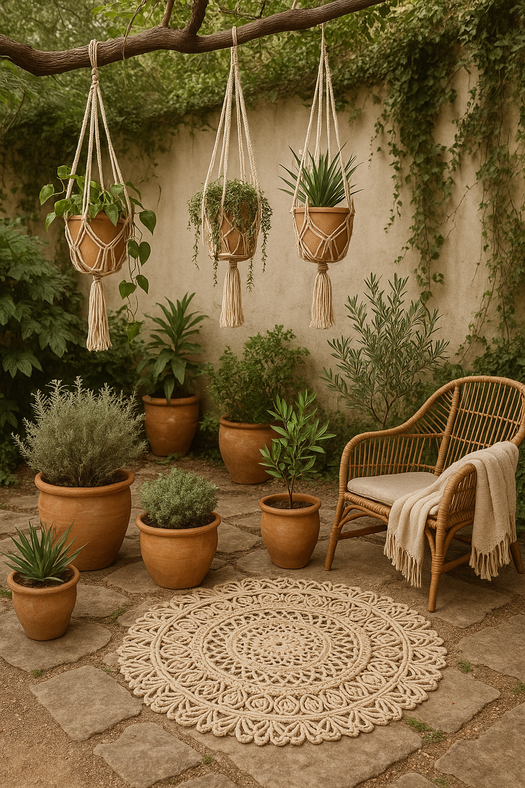 Jardín boho chic con macetas de terracota