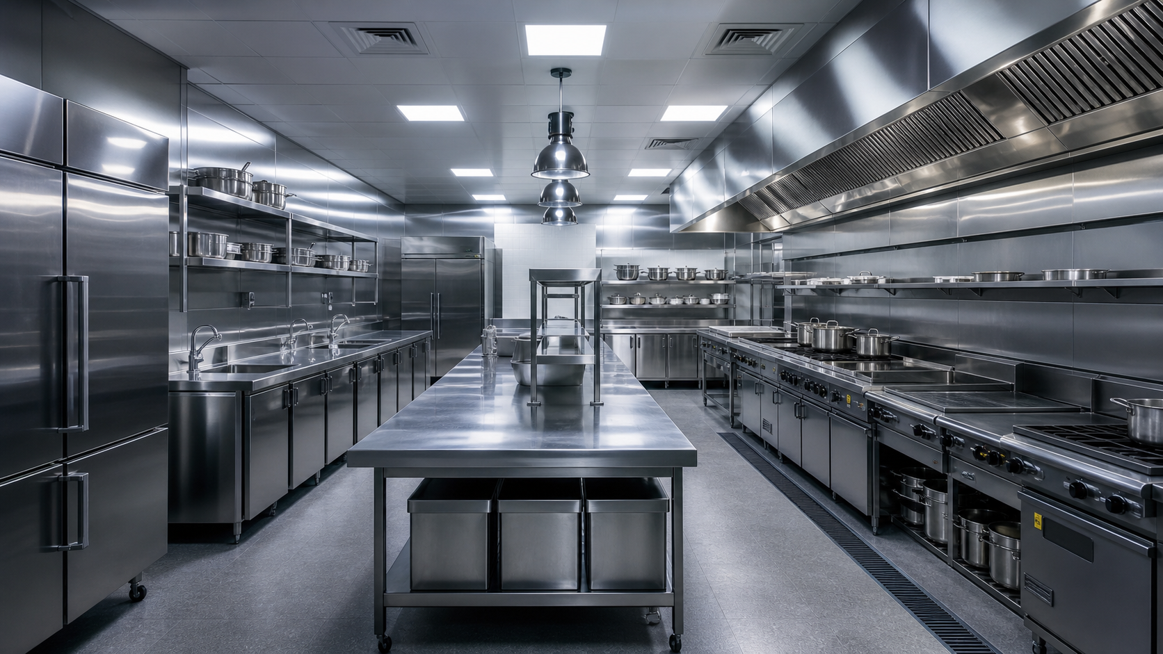 Cozinha industrial premium com organização em inox e padrão elevado de operação