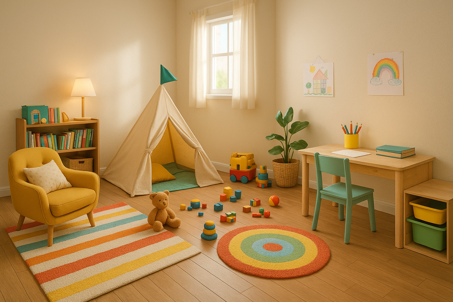Habitación infantil organizada en zonas diferenciadas de lectura, juego y estudio