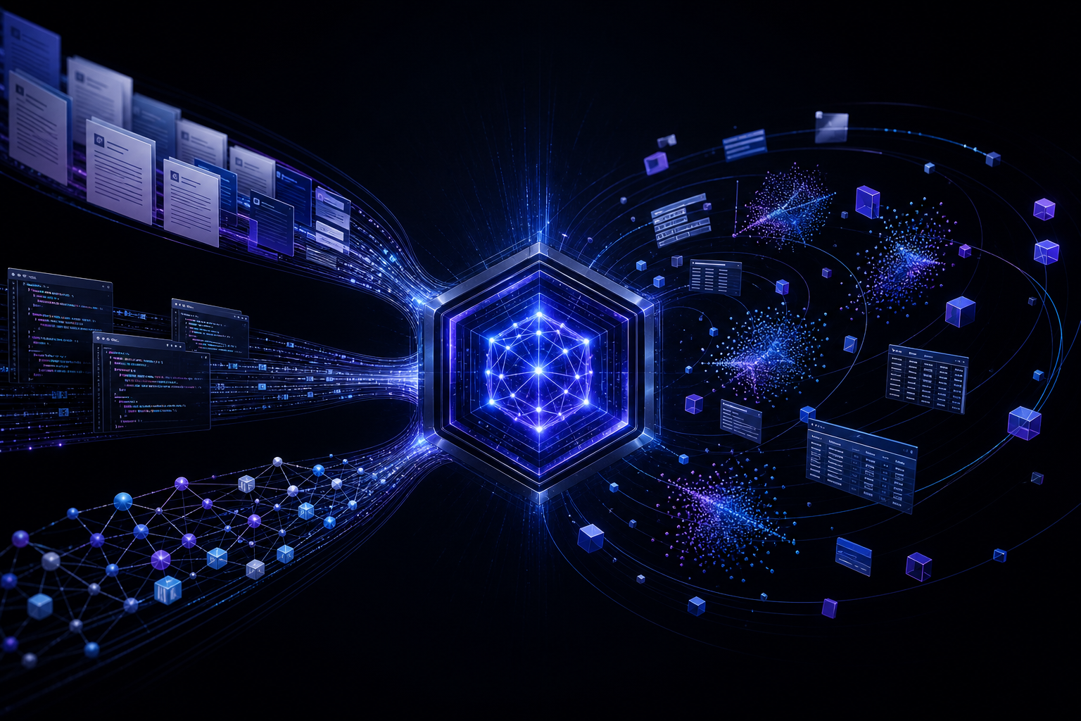 Data streams flowing into a glowing AI processing core — visualizing the WOYOU AI training pipeline