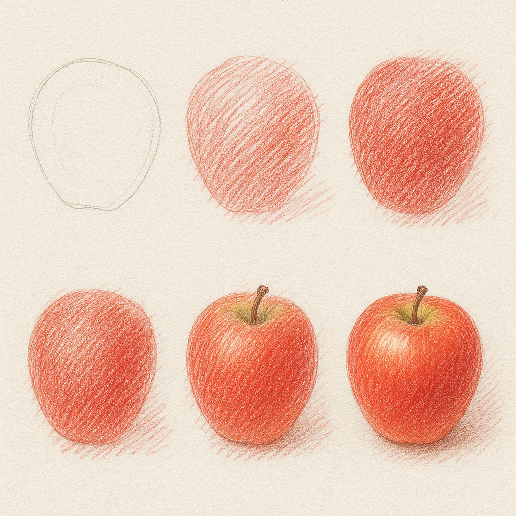 An apple sketch illustrating six progressive color layers