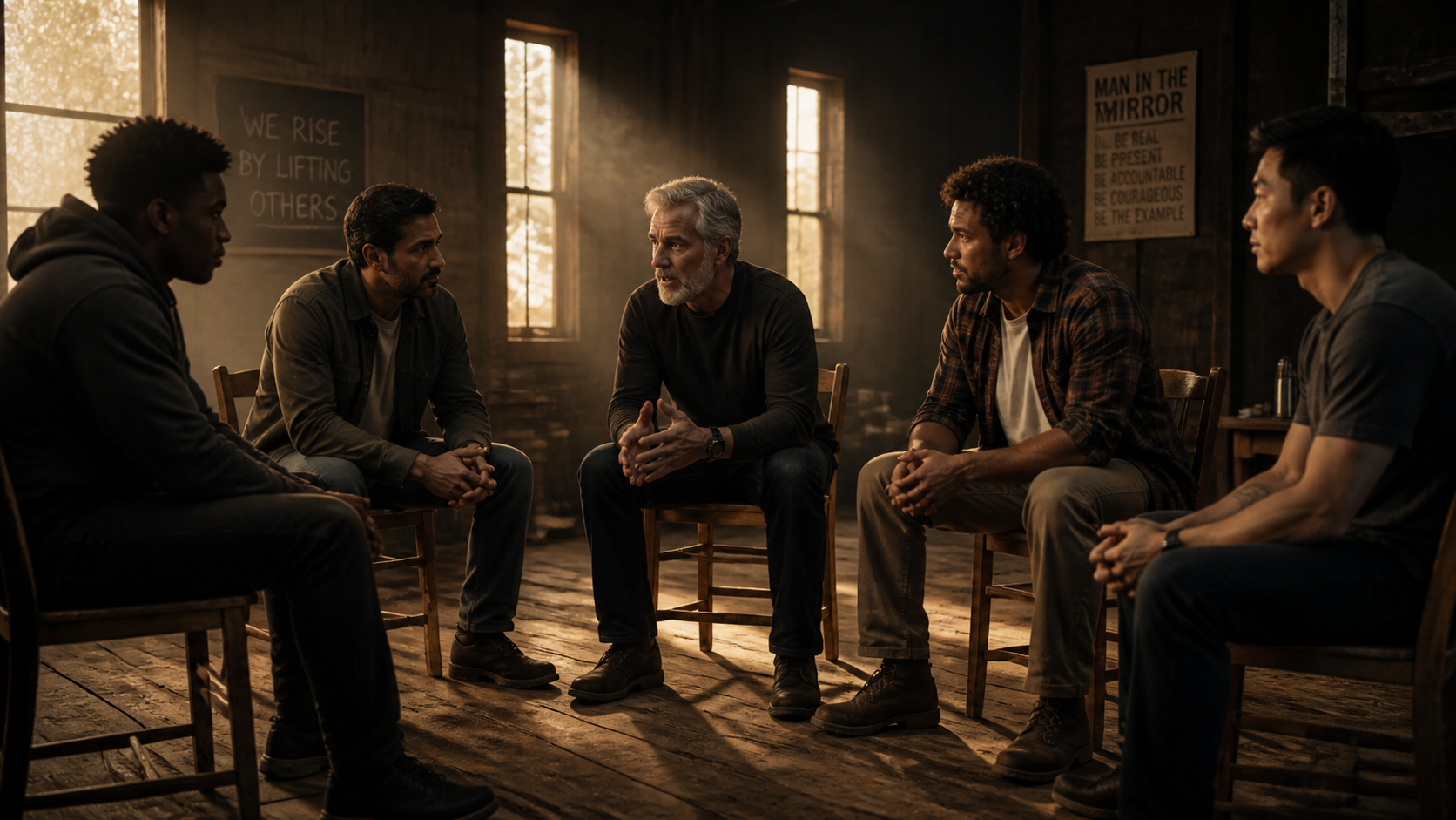 A diverse group of men of different ages and races seated in a circle, in genuine conversation