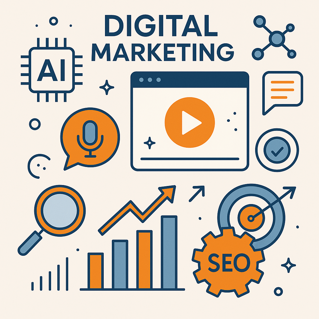 Digital marketing trends infographic featuring AI, voice search, and video elements
