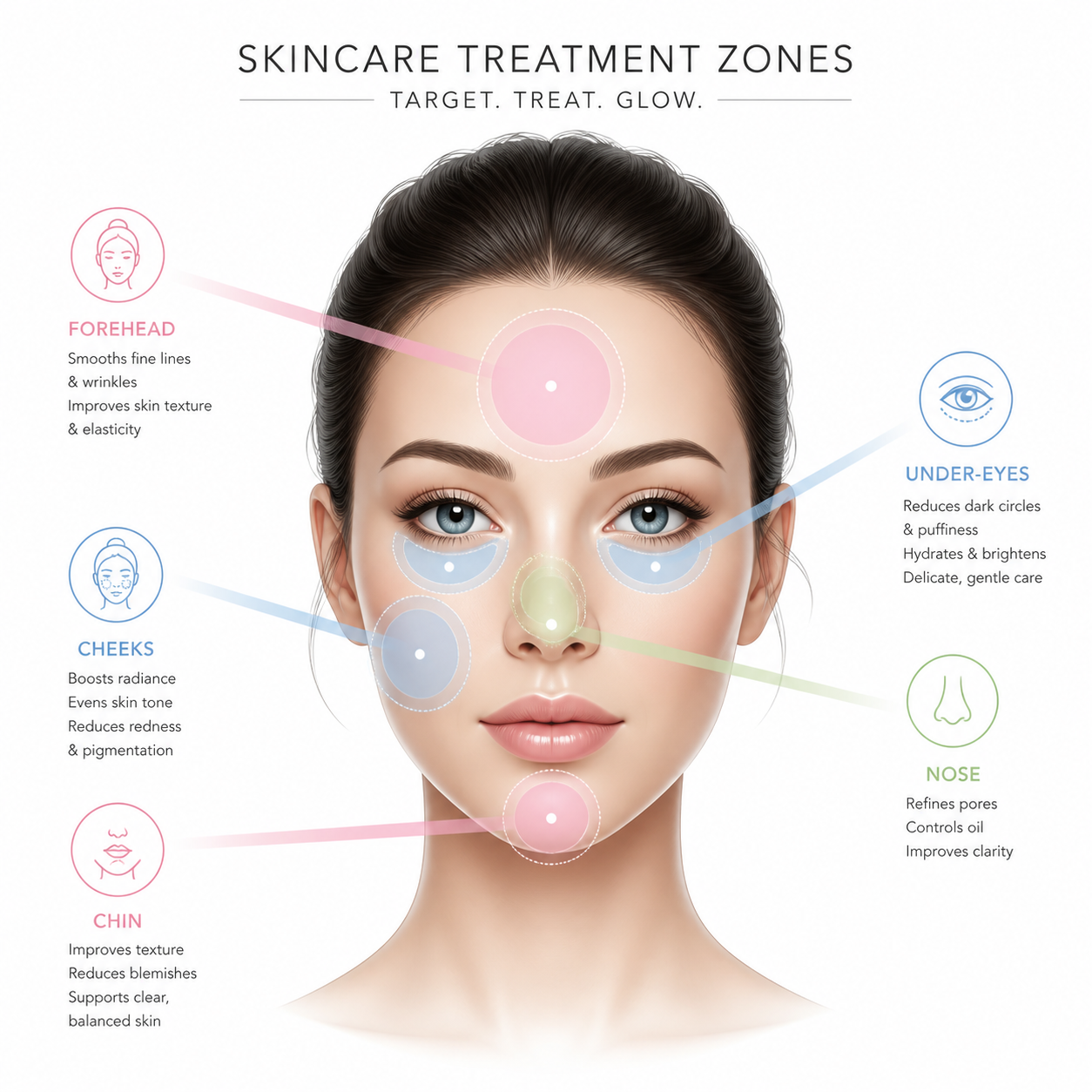 Diagram showing LED light treatment zones on face