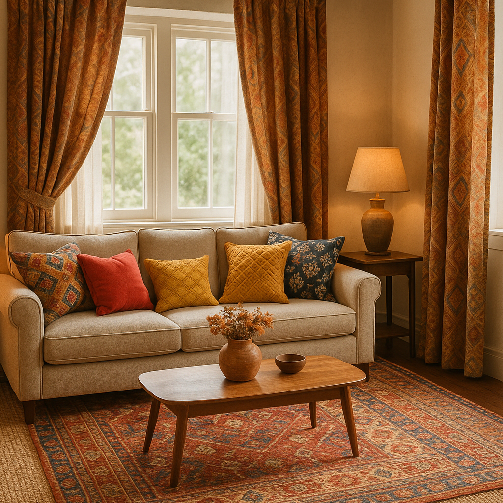 Decoración textil en sala de estar con cojines, cortinas y alfombras para ambiente acogedor