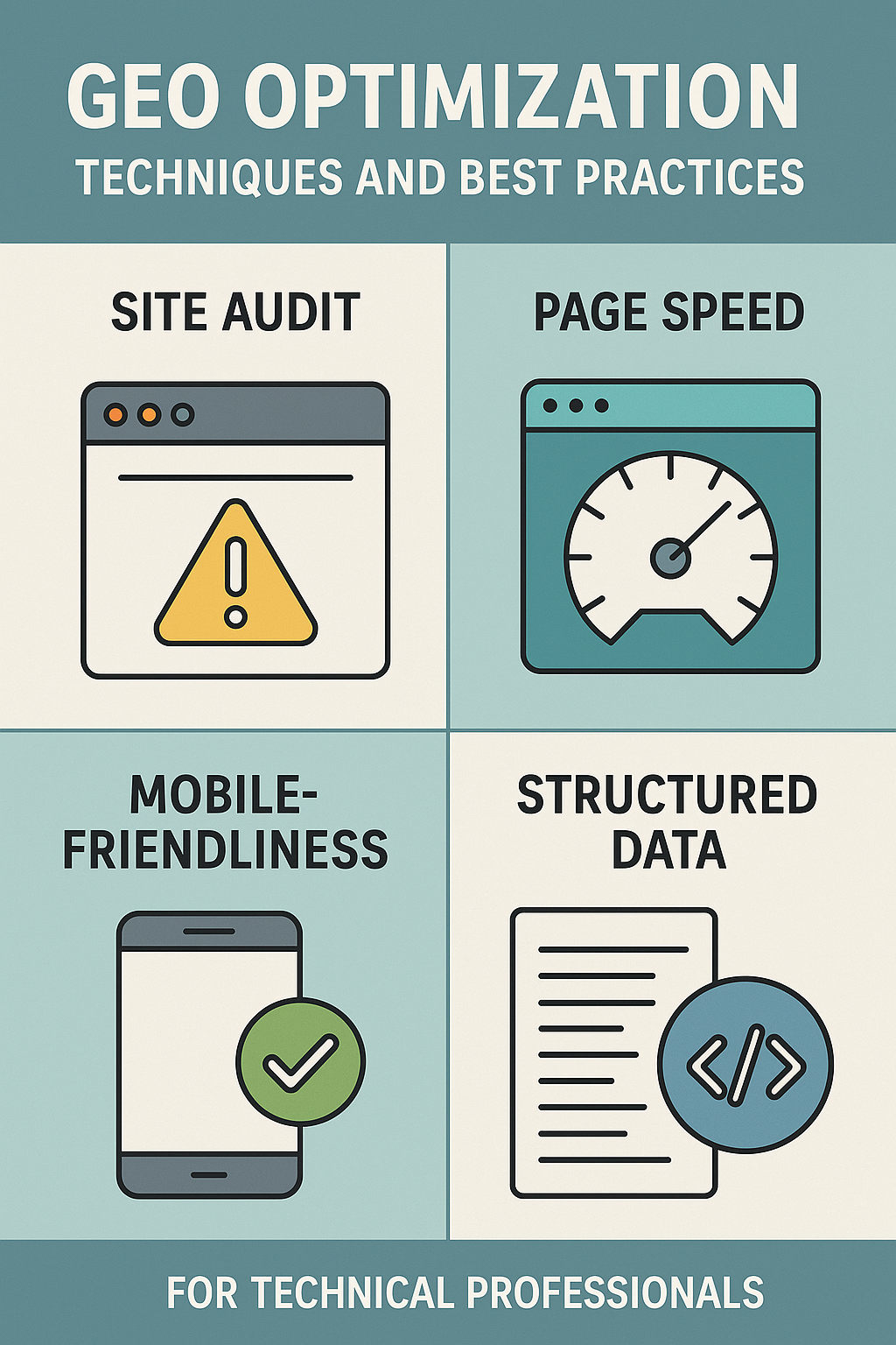 Essential GEO techniques including structured data, content optimization, and AI-friendly formatting