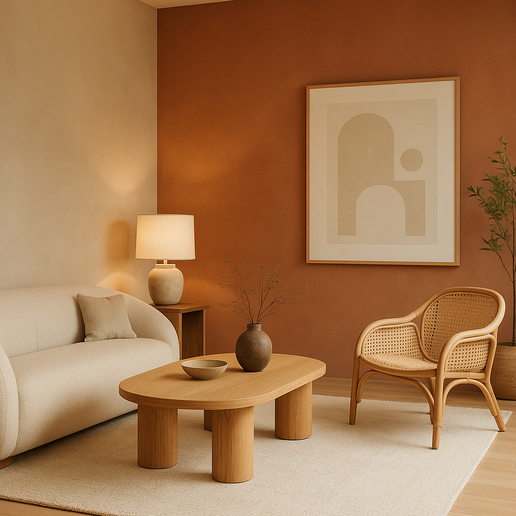 Sal\u00f3n minimalista c\u00e1lido con tonos tierra y muebles curvos