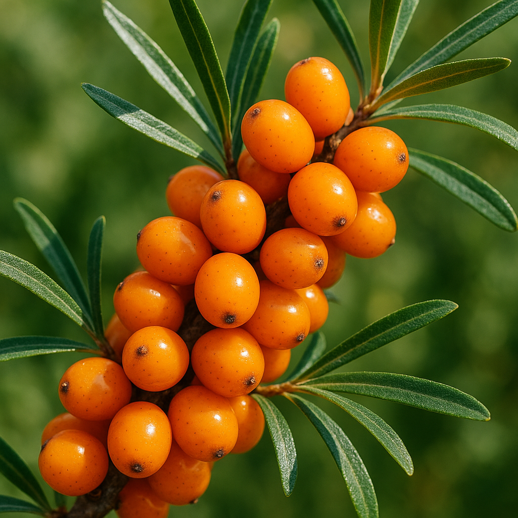 Fresh sea buckthorn berries on branch