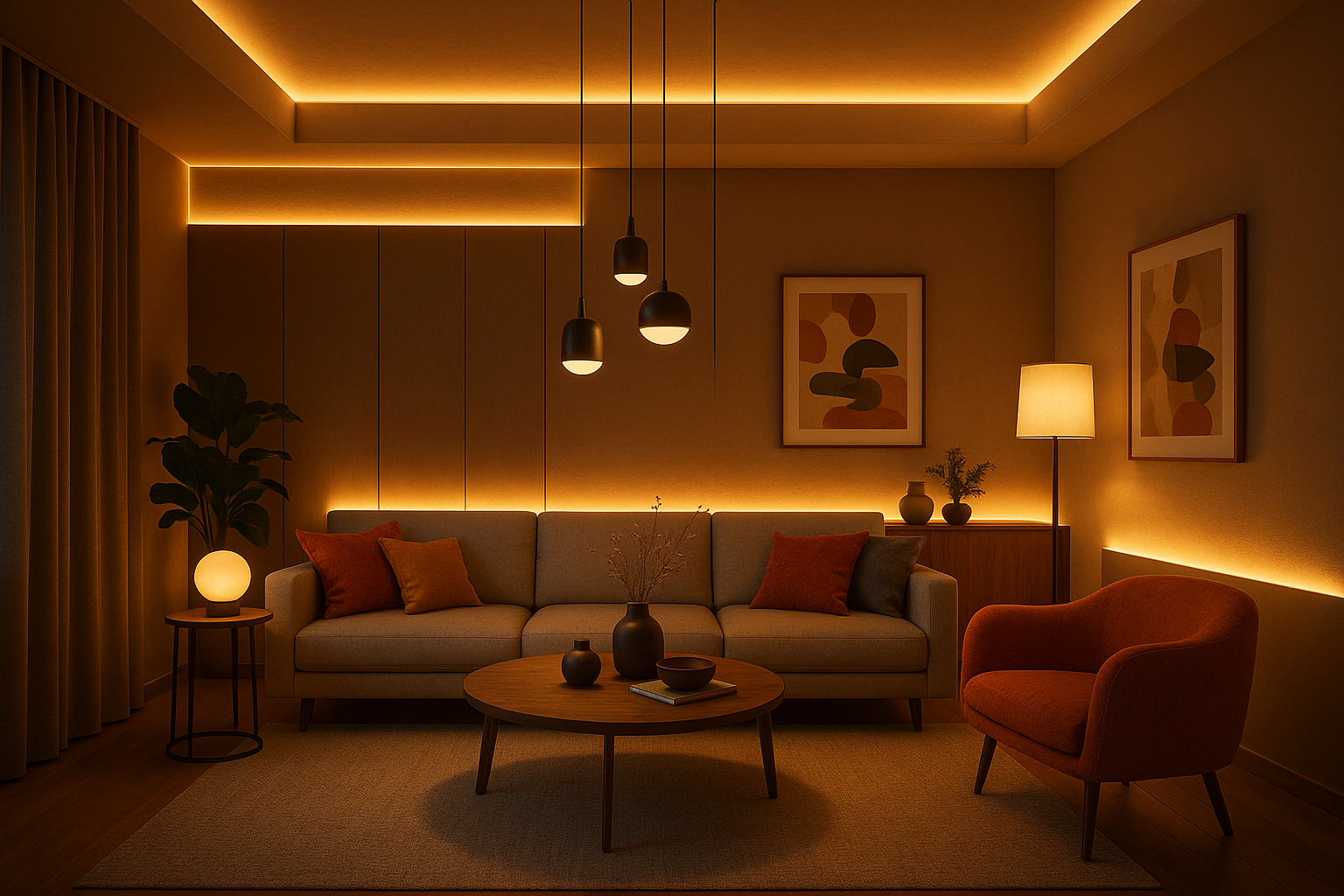 Sala de estar moderna con iluminación decorativa en capas