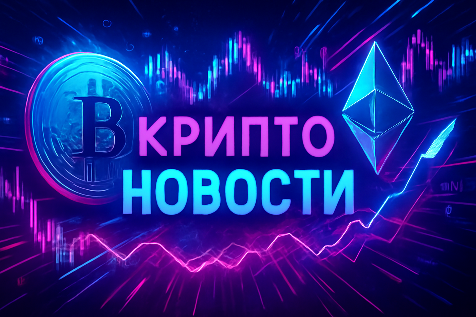 Современная динамичная картинка с русским текстом &laquo;КРИПТО НОВОСТИ&raquo;