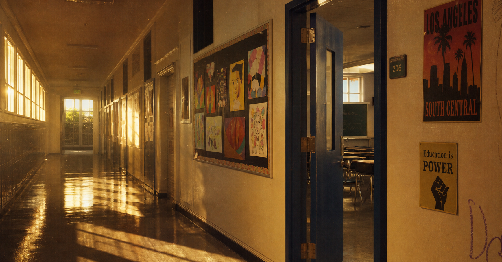 Sunlit school corridor in South Los Angeles — afternoon light, student artwork on the walls