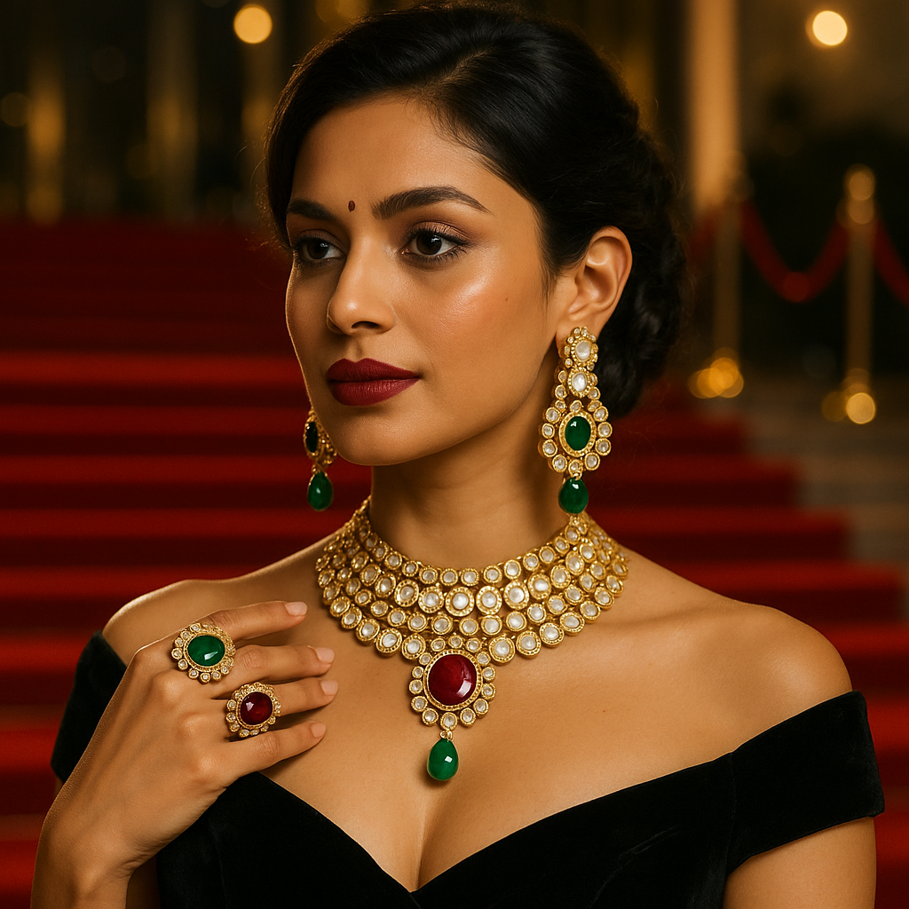 Luxurious celebrity-inspired jewelry collection featuring statement pieces and traditional Indian designs