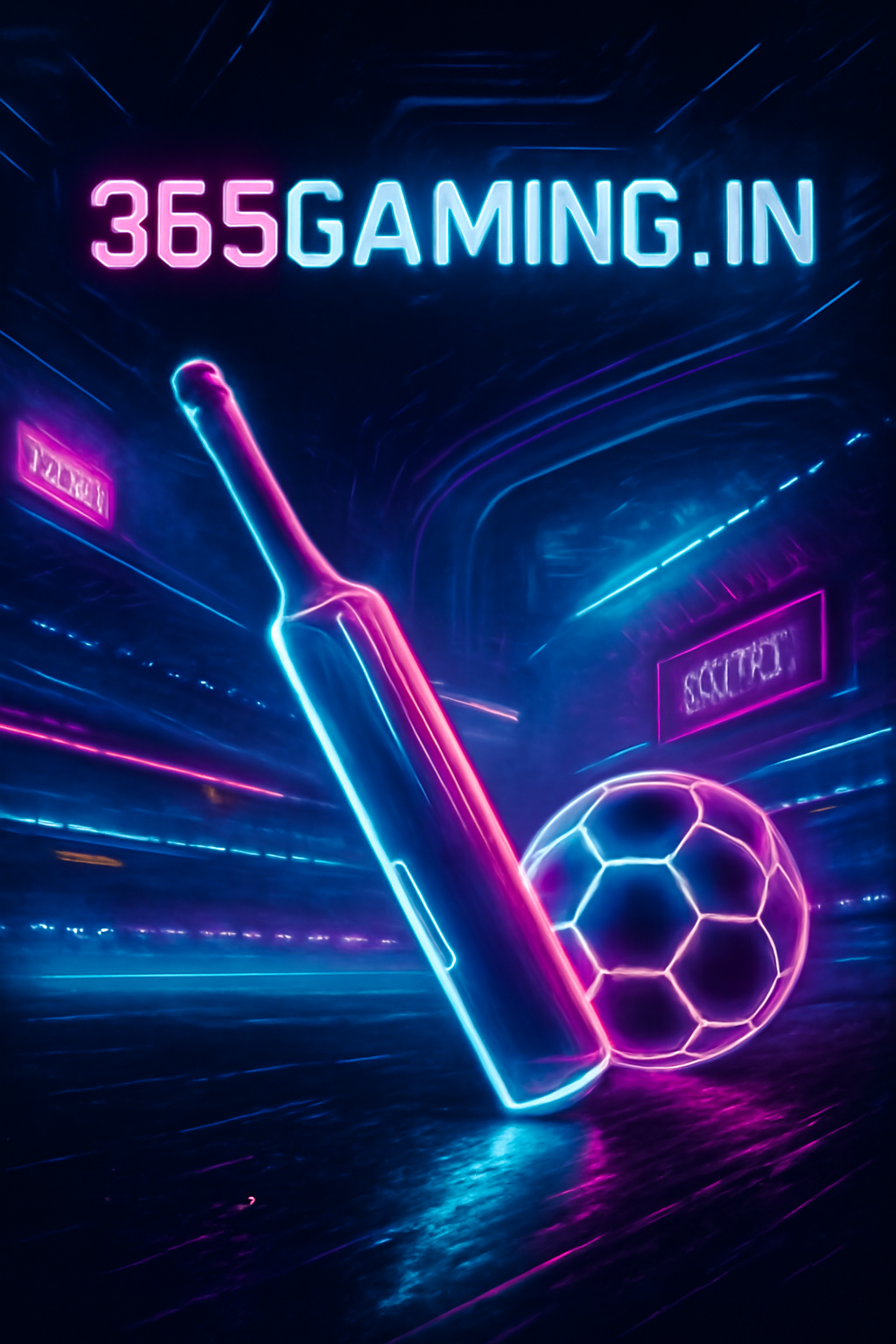 Cyberpunk sporty ad poster for 365gaming.in with neon and digital elements