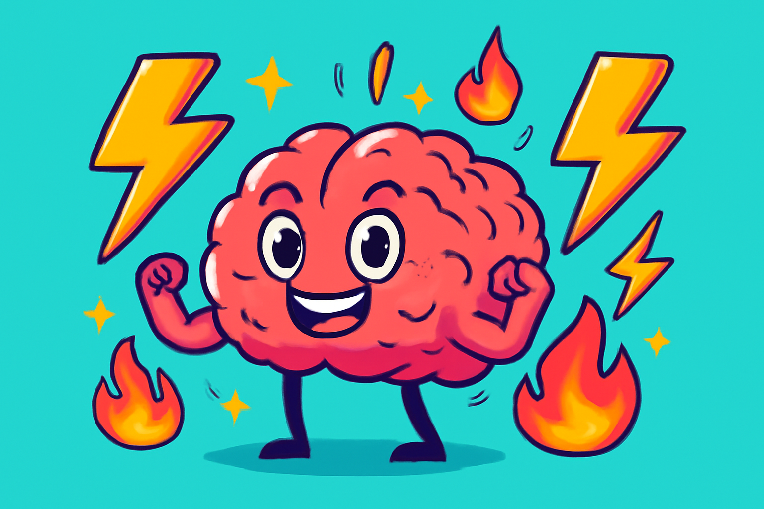 Cartoon brain with motivation energy symbols