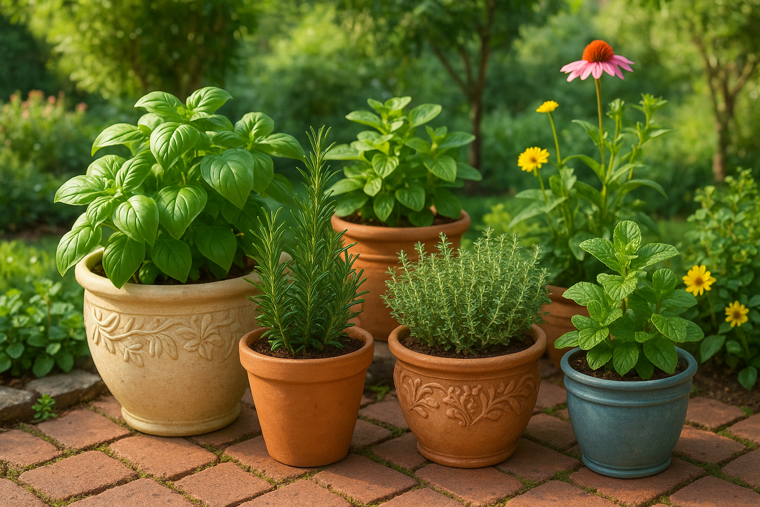 Jardín pequeño con plantas aromáticas y hierbas en macetas decorativas