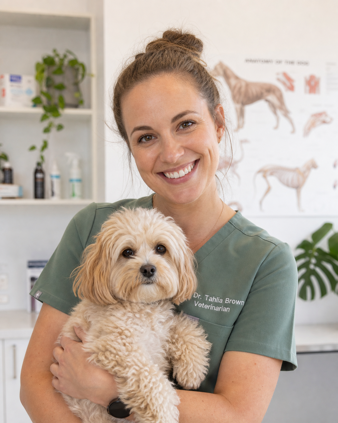 Dr Caitlin, veterinarian, holding a small dog with a warm and confident smile