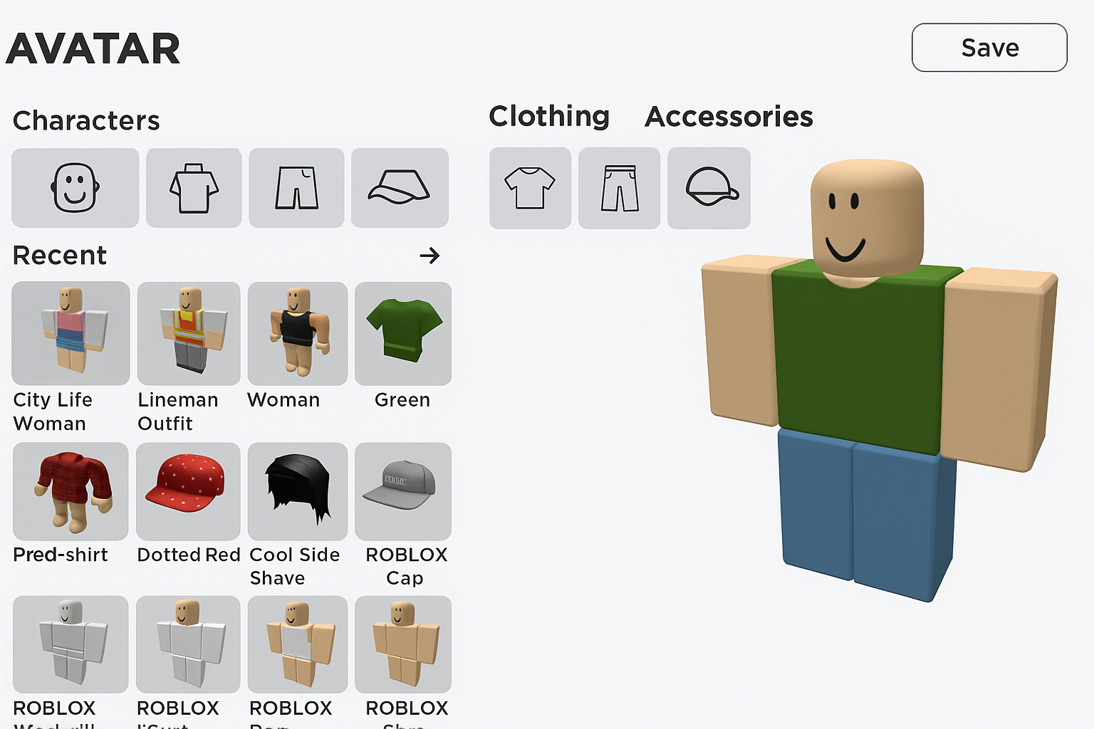Roblox avatar customization interface with clothing and accessory options