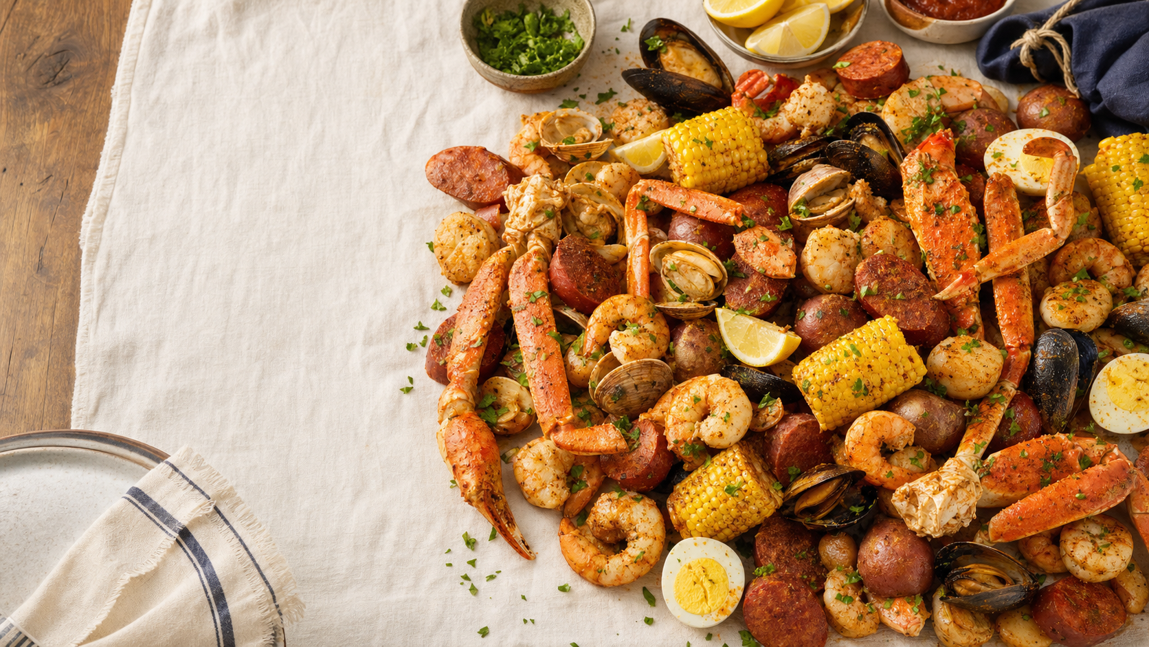 Tom's Seafood Boil spread on white linen with walnut wood edges, shrimp, crab, scallops, clams, corn, potatoes, sausage, lemon, and parsley