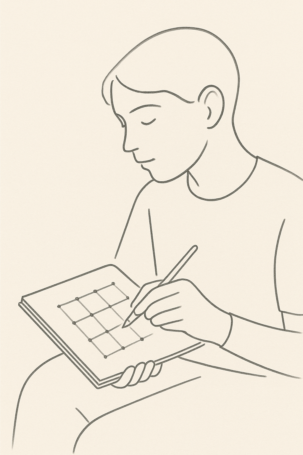 Sketchbook page showing straight line exercises: horizontal, vertical, diagonal
