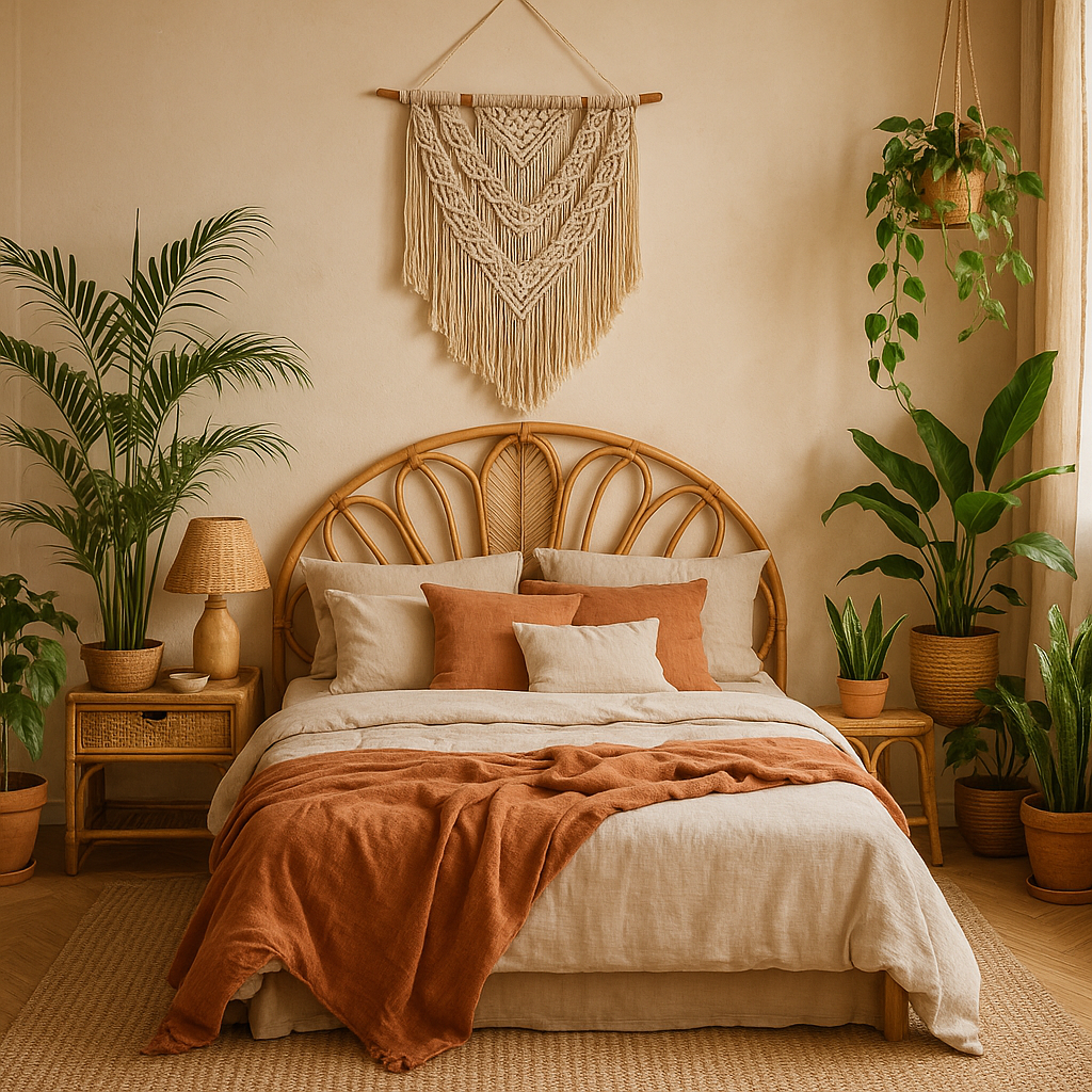 Dormitorio boho chic con muebles de ratán
