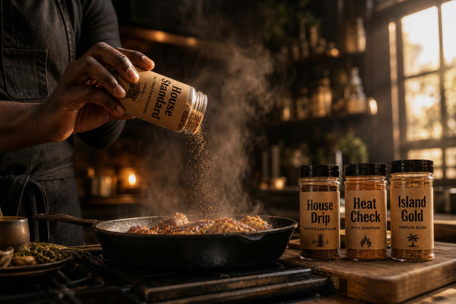 Chef using labeled D.R.O.P Kitchen jars in moody kitchen