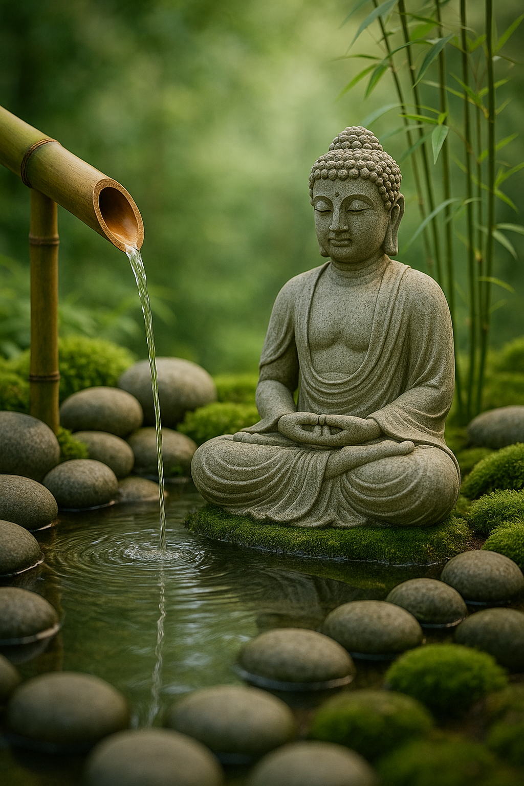 Fuente de agua y elementos decorativos zen para el jardín
