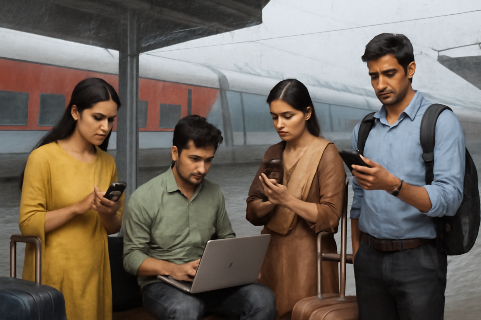 Indian train passengers checking travel updates on digital devices at a platform with subtle rain indicating travel caution.
