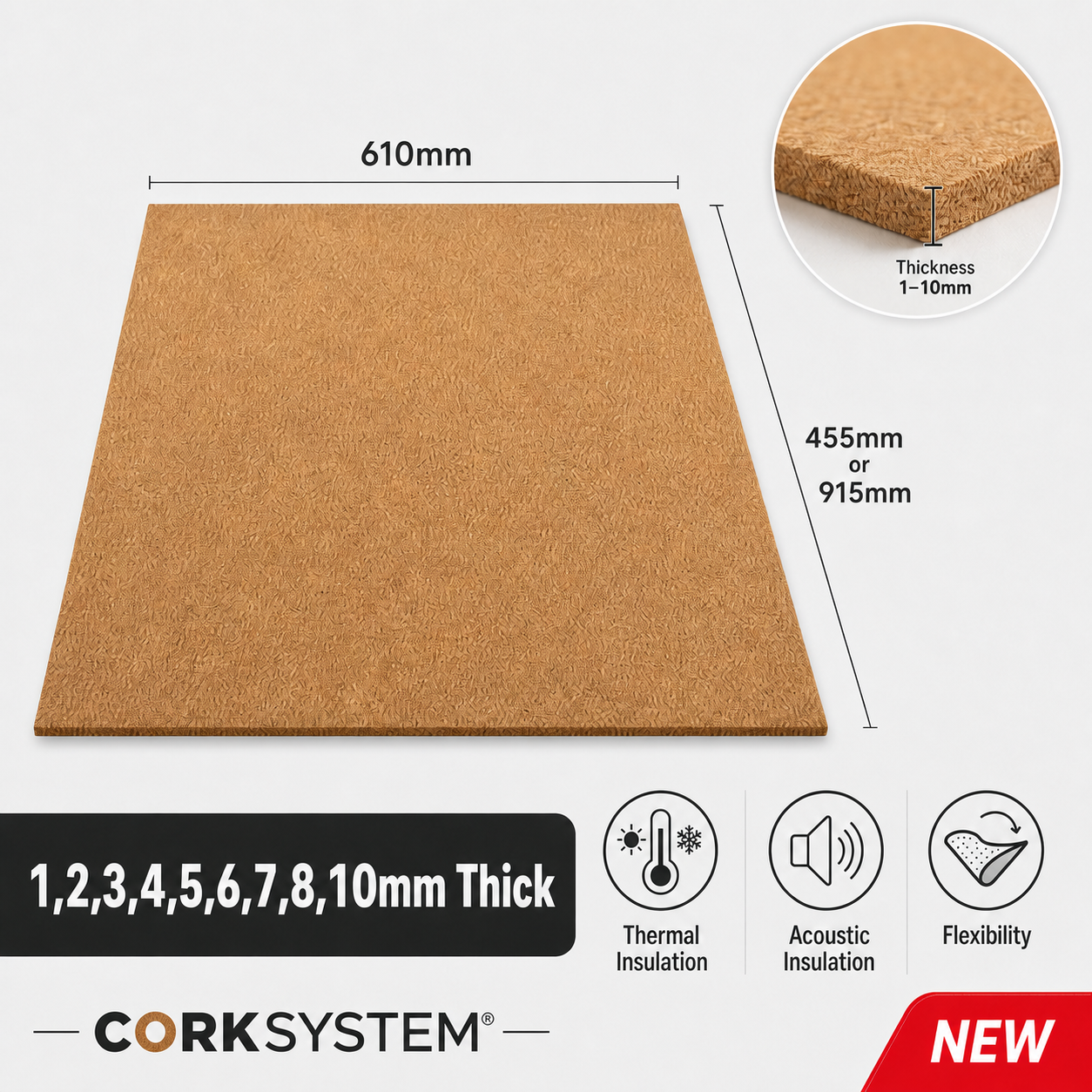 Modern cork sheet product graphic with dimensions and thickness options