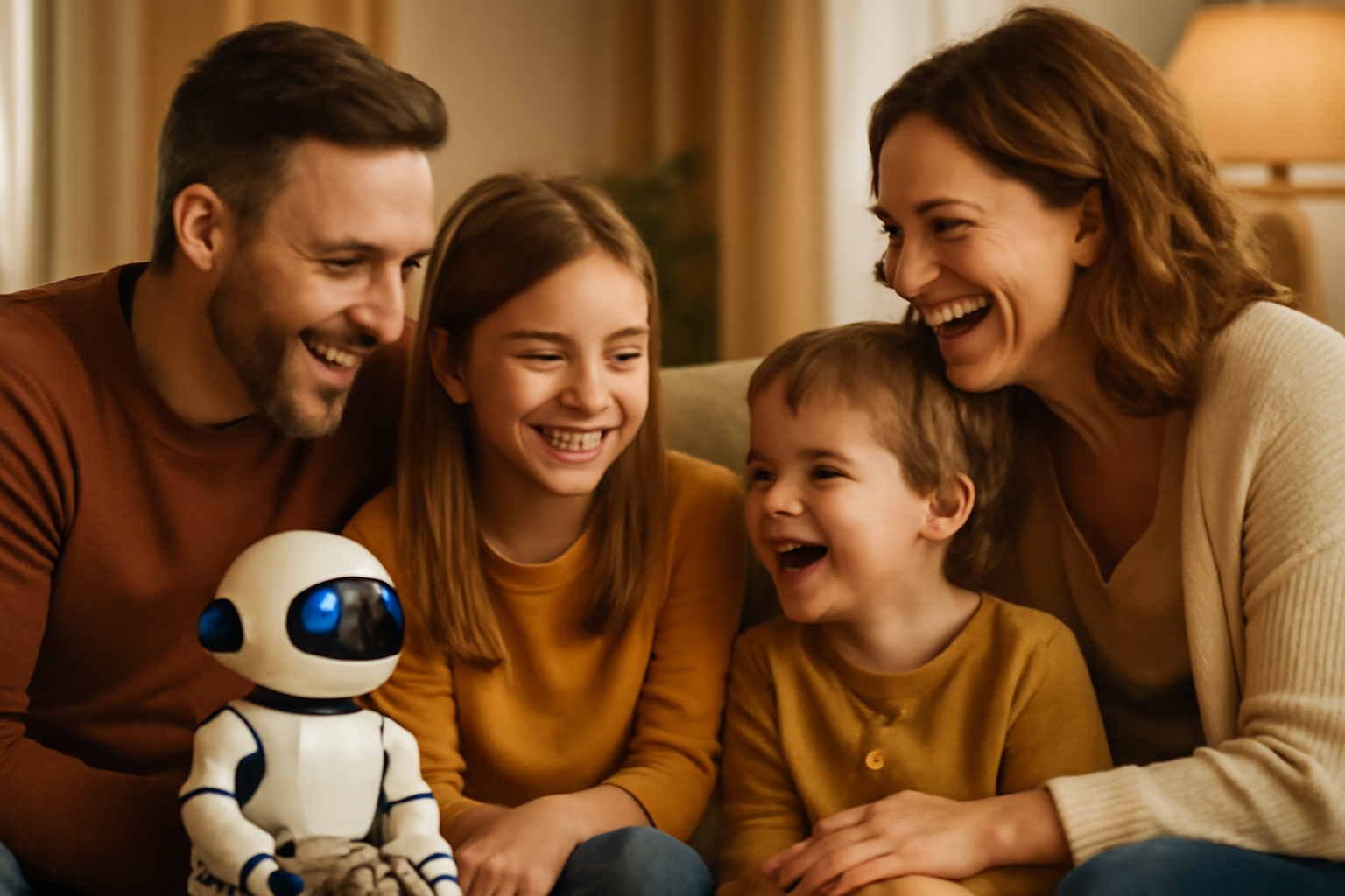 Kids with family and a small robot, with focus on family importance
