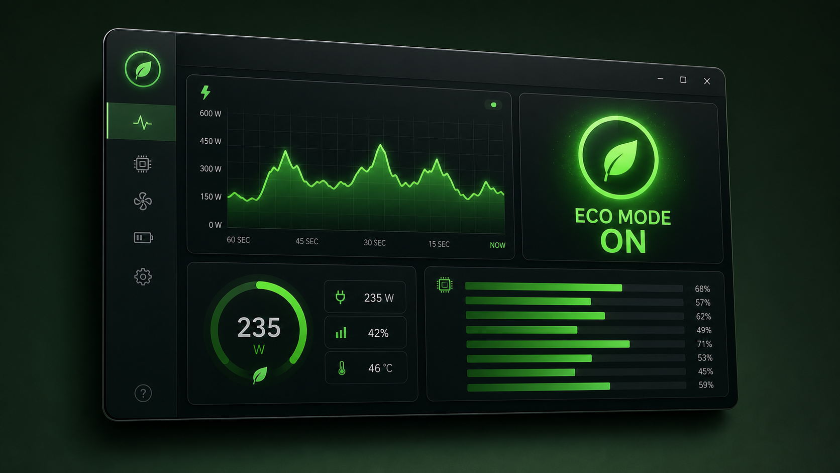 Eco-Gear dashboard — power consumption graphs and ECO MODE indicator