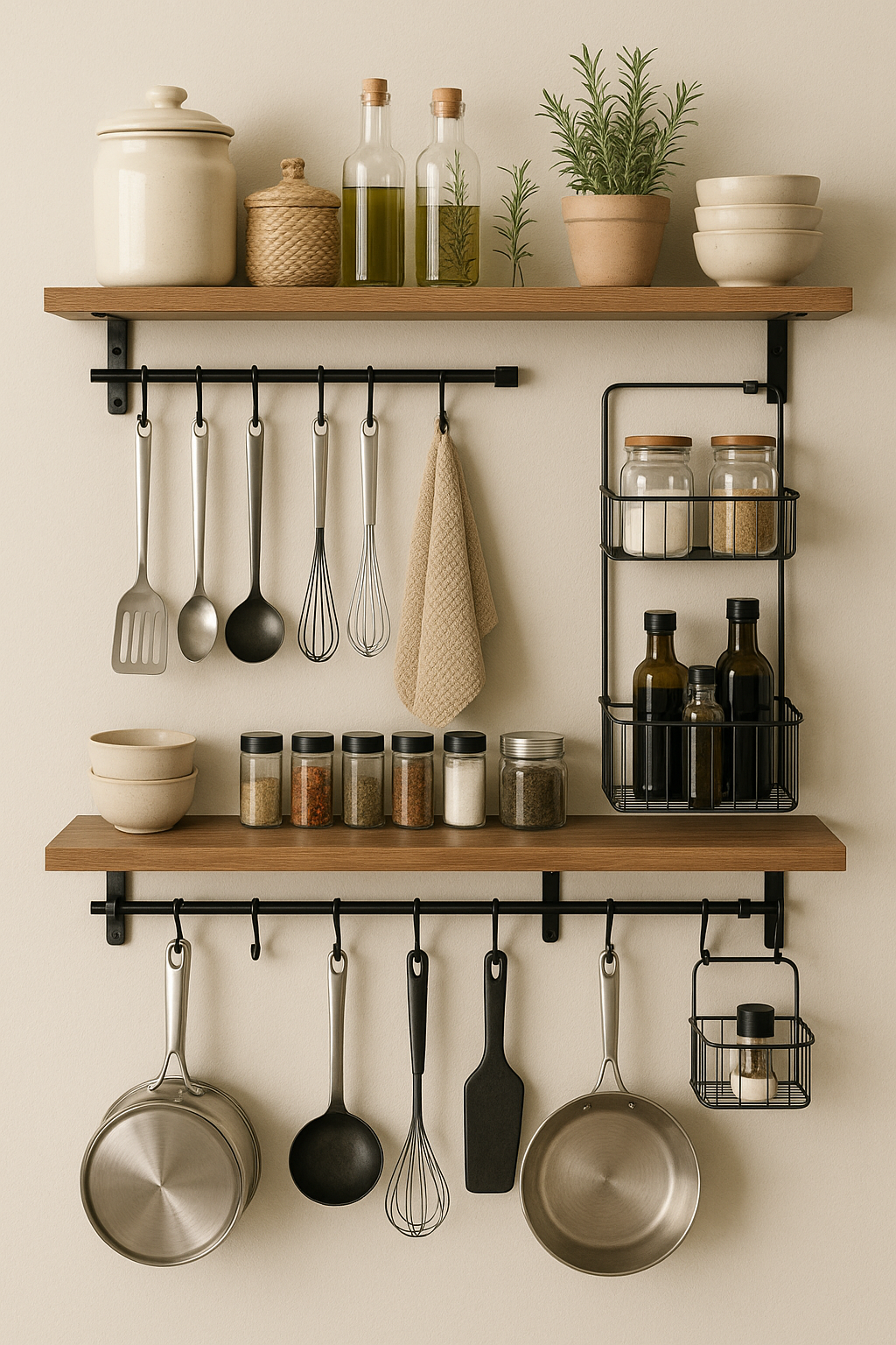 Almacenamiento vertical en cocina con estanterías y organizadores colgantes