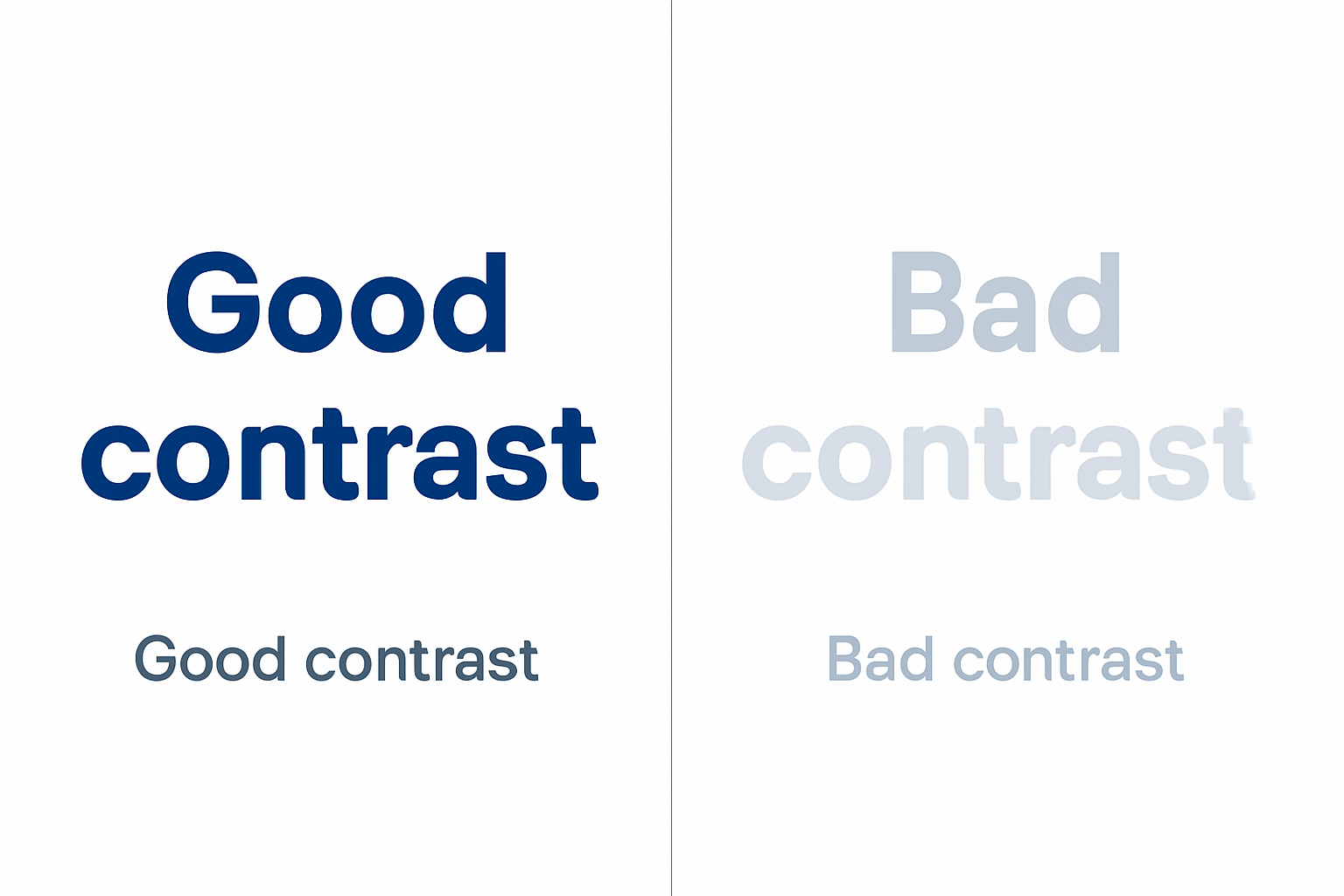 Image displaying good color contrast (dark blue on white) versus bad color contrast (light gray on white) for accessibility illustration.