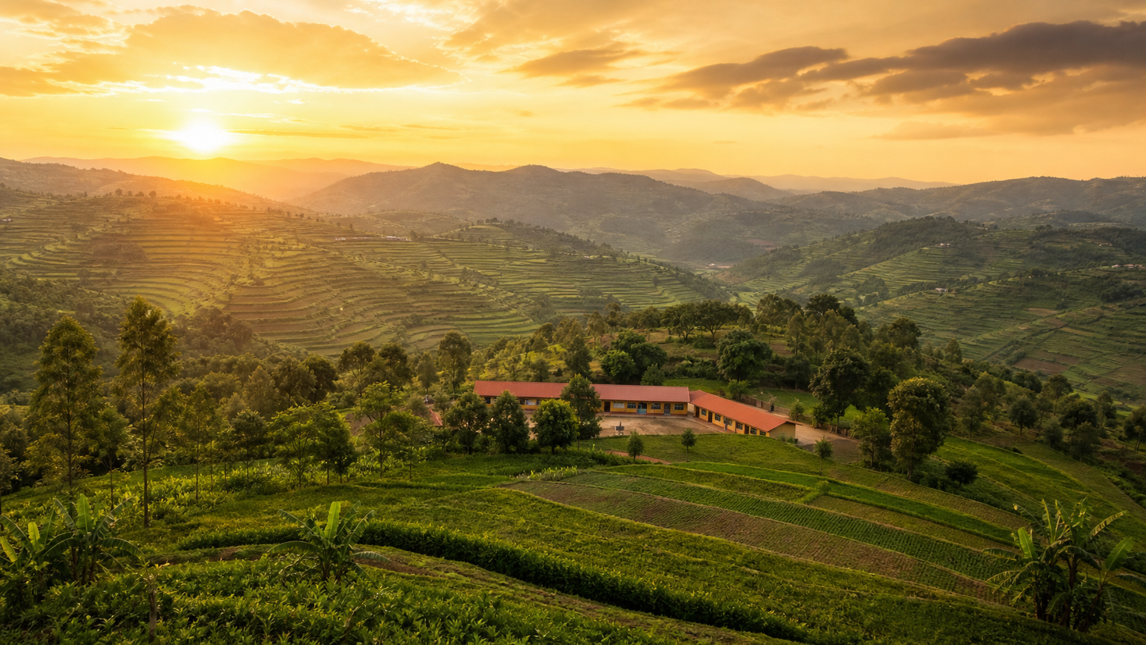 Rolling green hills of Rwanda at golden hour with a school building nestled among trees