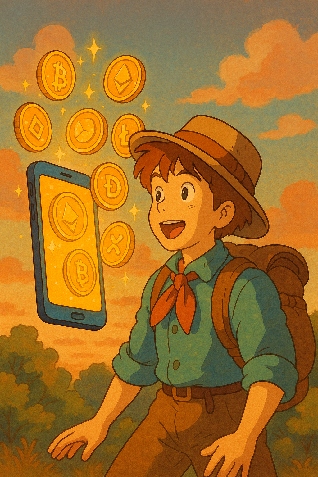 Ghibli-style trader discovering crypto magic on smartphone