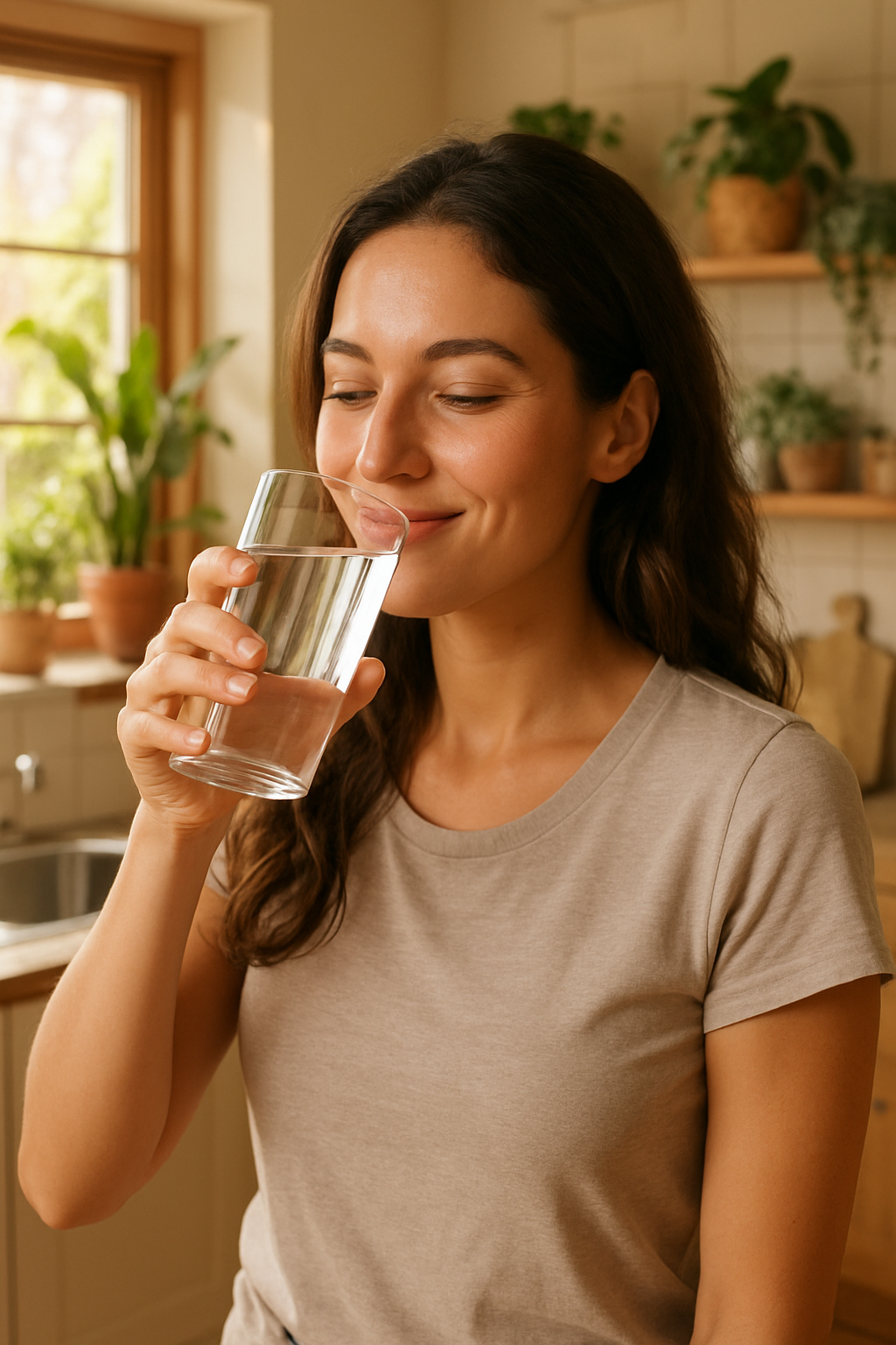 A woman feeling refreshed and happy while drinking a glass of water.