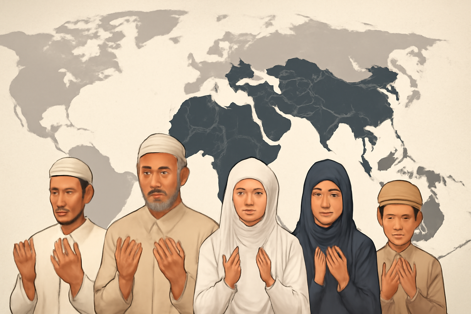 World map with Muslim countries darkened and people praying Namaz in front.