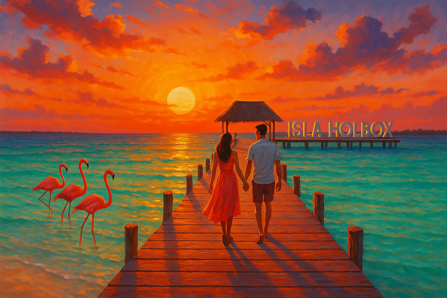 Romantic sunset along the wooden pier on Isla Holbox, Mexico
