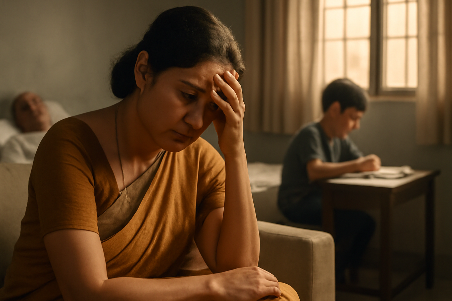 Photorealistic Indian caregiver woman overwhelmed and exhausted, caring for family, conveying emotion and burnout.