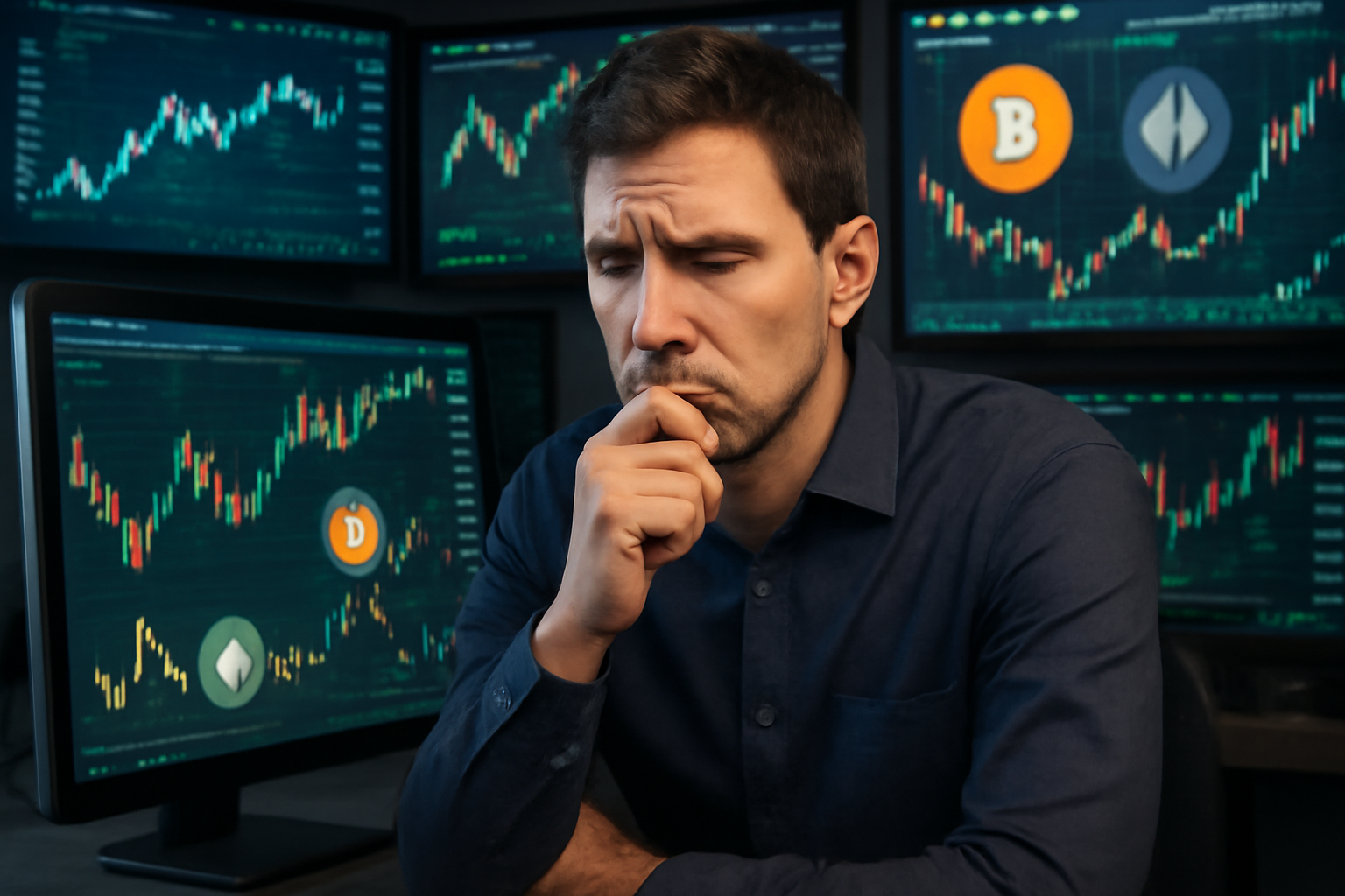 Трейдер с эмоциональным выражением лица выбирает криптовалюту для инвестиций