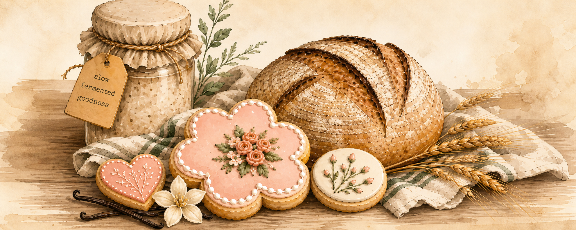 Artisan sourdough bread, decorated cookies, mason jar and wheat on linen