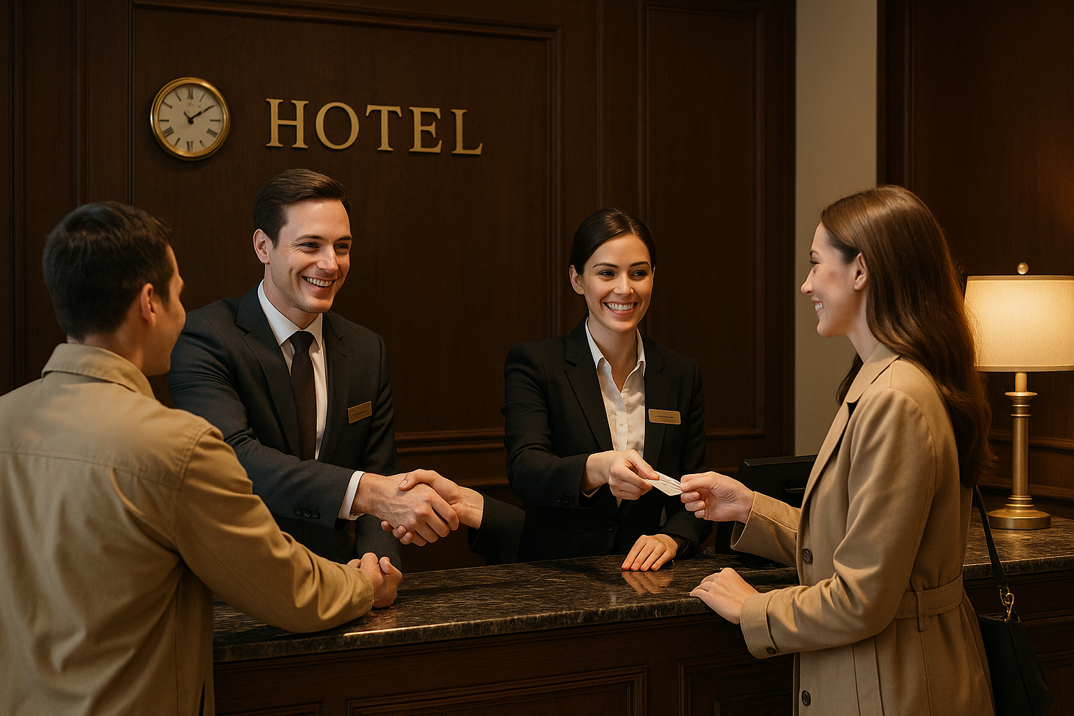 Traditional hotel front desk showcasing personal service and human interaction