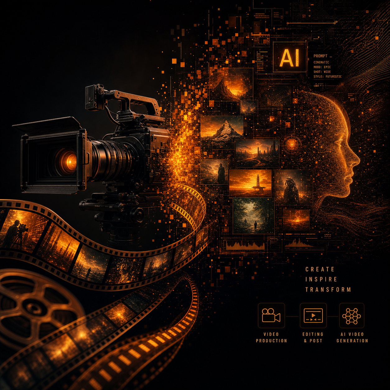AI video production cinematic dark illustration
