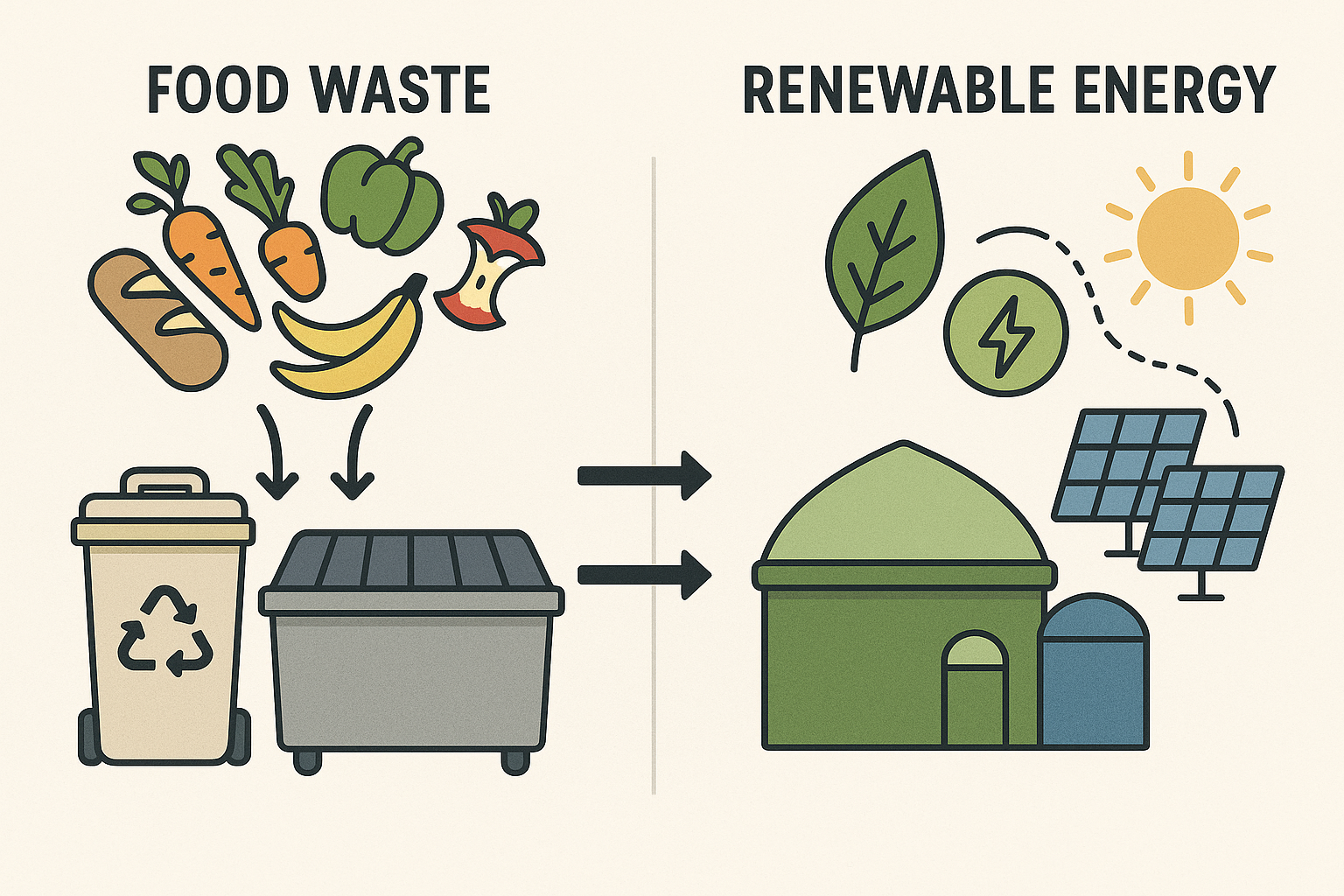 Food waste to energy transformation illustration for sustainability report